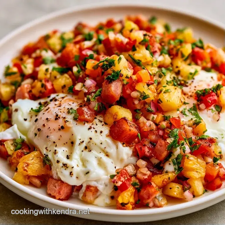 Soft white poached eggs resting on a colorful bed of diced smoked turkey, yellow pineapple, and green cilantro.