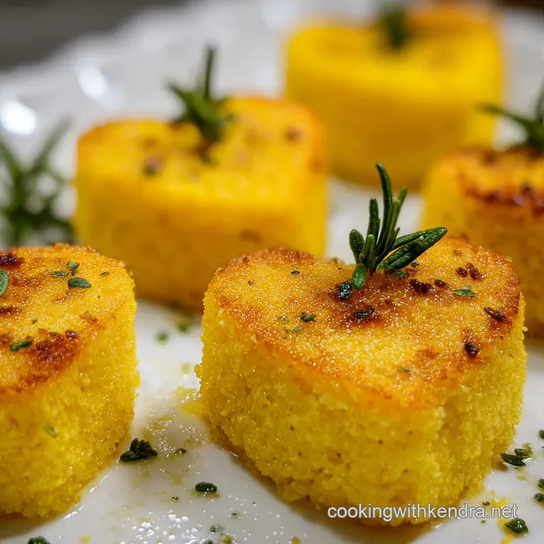 Polenta hearts drizzled with balsamic glaze, artfully stacked on a white plate, topped with a vibrant green basil leaf; el...
