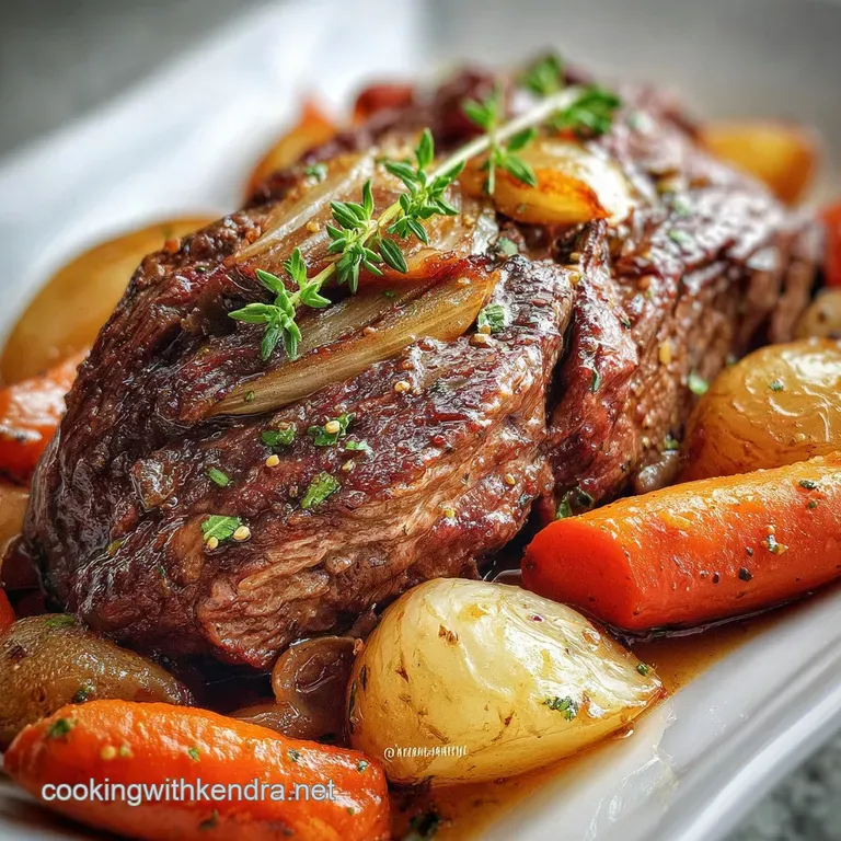 Plated pot roast featuring a thick slice of tender meat alongside glazed carrots and fluffy potatoes, drizzled with flavor...