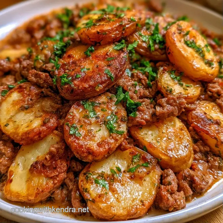 A neat square of savory beef and potato bake on a white ceramic plate, garnished with a sprig of fresh green thyme.