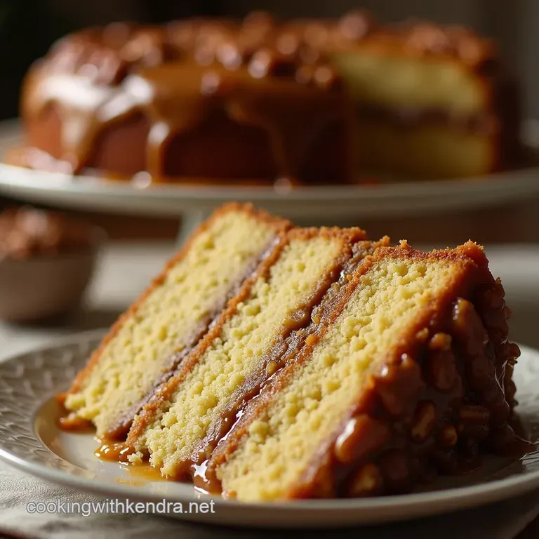 Aunt Millies Decadent Southern Pecan Praline Layer Cake with Warm Brown Butter Glaze presentation