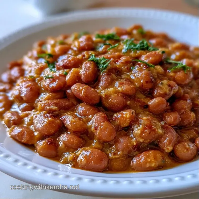 Elegant white bowl of soft, earthy brown legumes in a glossy broth, topped with a sprig of bright green cilantro.