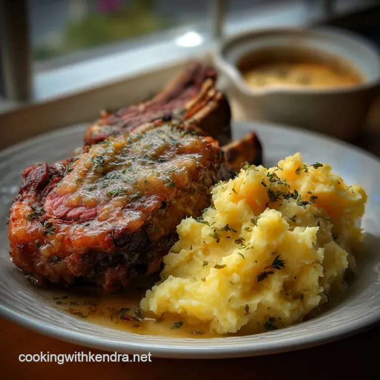 Elegant plate featuring a swirl of garlic mashed potatoes, crowned with prime rib, drizzled with savory jus. Vivid colors ...