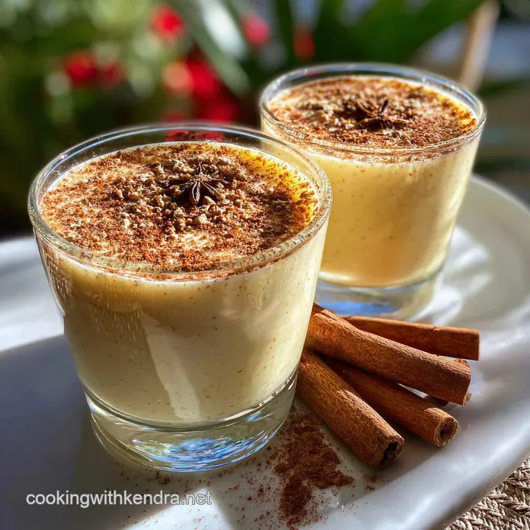 Festive Puerto Rican eggnog in a glass, garnished with star anise & cinnamon stick, reflecting warm light; inviting & cele...
