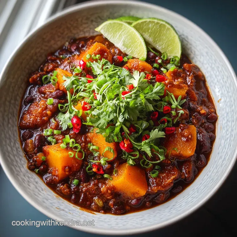 Individual bowls filled with steaming pumpkin chili, topped with crunchy tortilla strips and a dollop of cream.