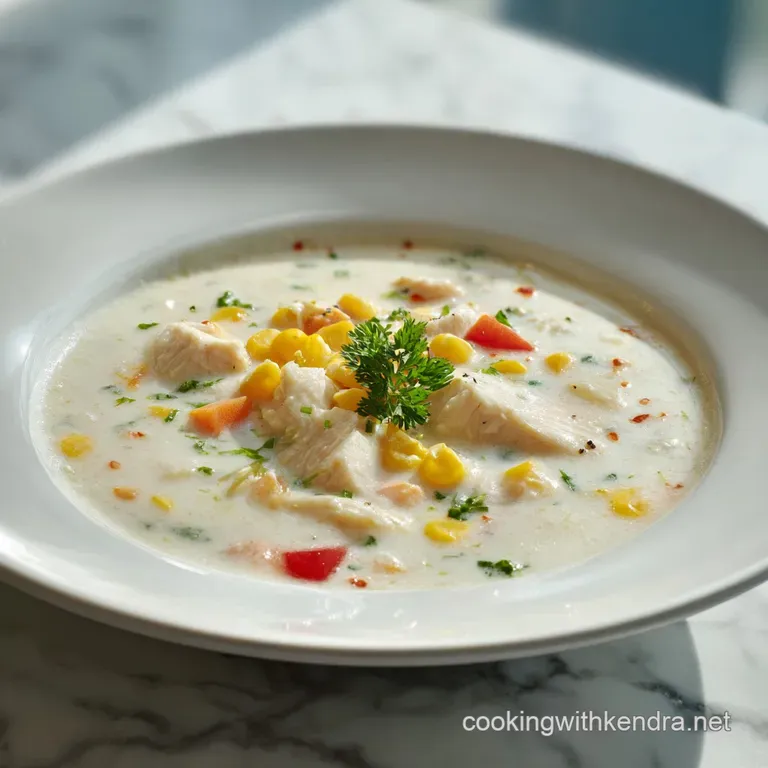A steaming bowl of golden chowder garnished with vibrant green herbs, paired with crusty bread, creating a cozy, inviting ...