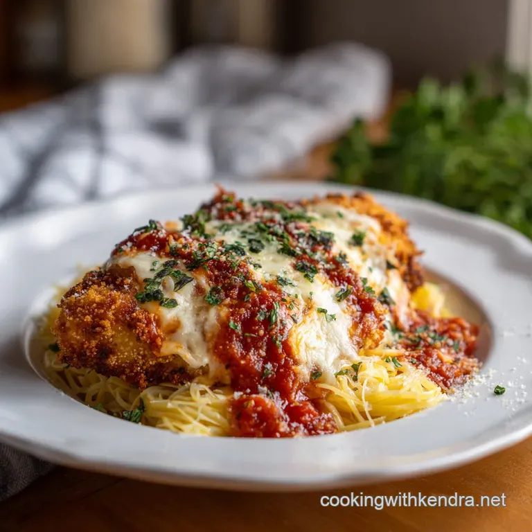 Chicken parm with a side of spaghetti, garnished with fresh basil. Breadcrumbs create a golden crust, sauce bubbles.