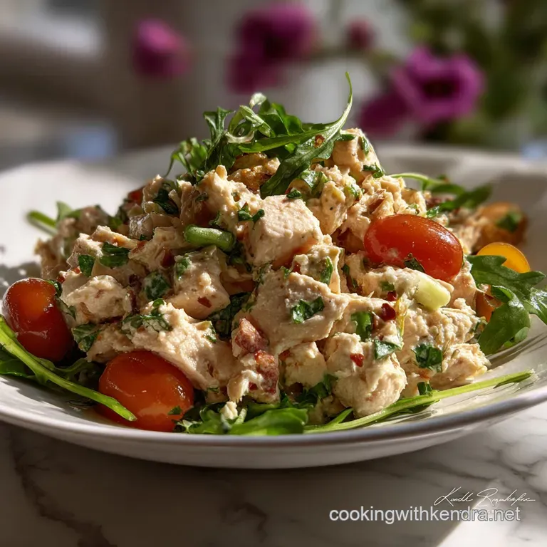 Elegant plate of chicken salad with a lemon wedge and fresh parsley garnish. A creamy, chilled texture with hints of color...