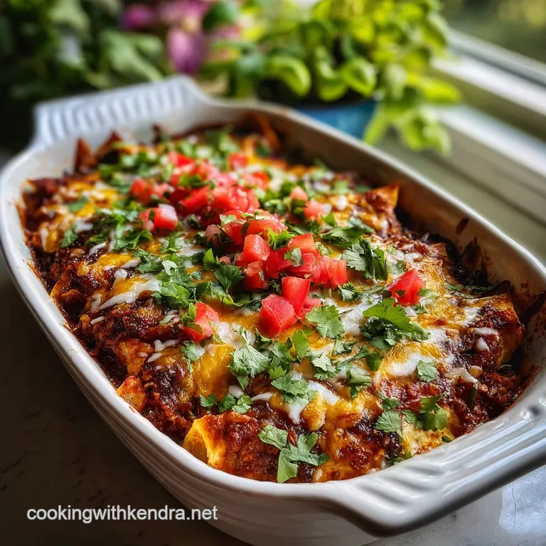 Plated portion of enchilada casserole, showcasing the layered textures. Creamy sauce, melty cheese, and a garnish of fresh...
