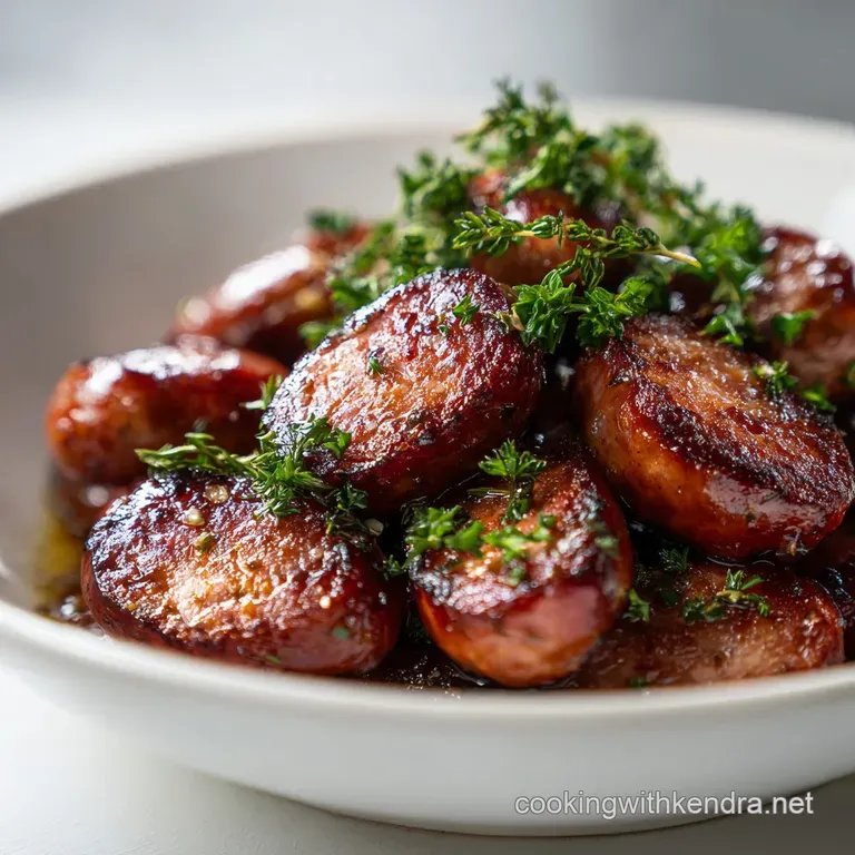 Arrangement of browned kielbasa slices, atop a bed of creamy mashed potatoes and vibrant, green steamed broccoli on a whit...