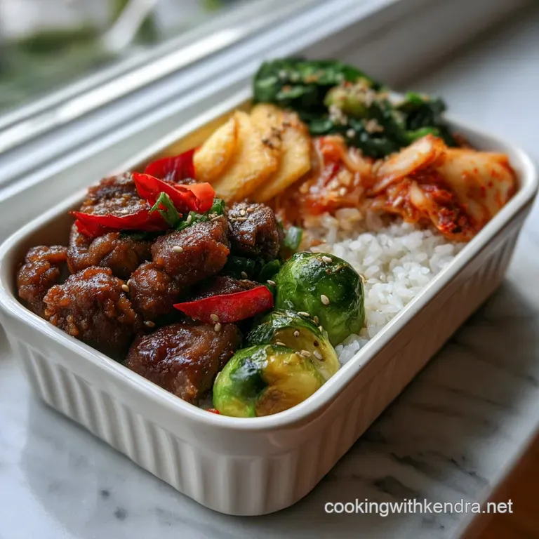 Artfully arranged lunchbox showcasing glistening bulgogi, perfectly portioned rice, and bright banchan. A balanced and vis...