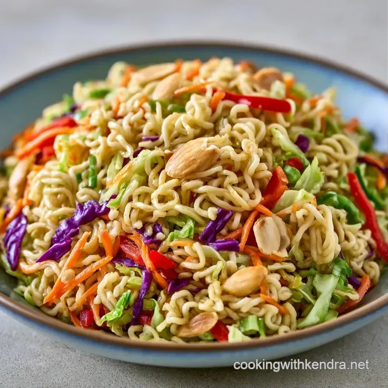 Colorful noodle salad in a white porcelain bowl, garnished with sliced green onions and toasted sesame seeds.