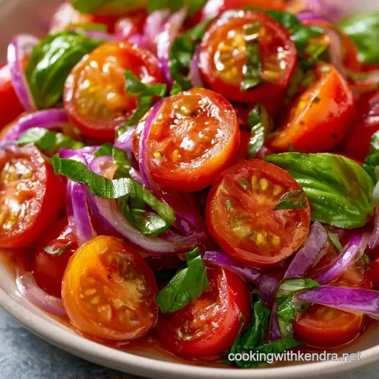 Vibrant red tomato rounds layered with fresh basil leaves and a drizzle of oil on a minimalist white platter.