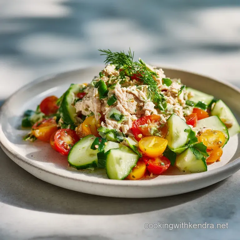 Elegant tuna salad plate: a scoop of tuna salad, greens, a lemon wedge, sprinkled paprika, a classic, appetizing lunch.