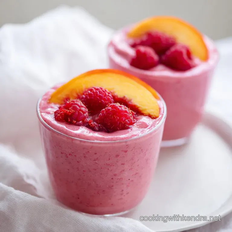 Tall glass of thick pink smoothie garnished with a mint leaf and fresh berries on a light marble tabletop.