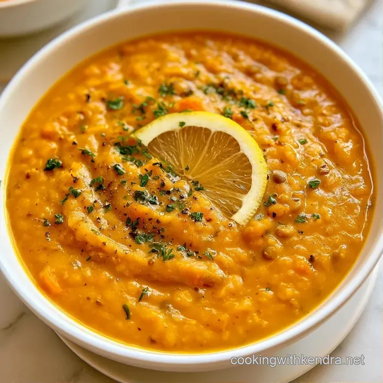 A rustic ceramic bowl of creamy yellow soup served with a slice of lemon and warm crusty bread on a linen napkin.