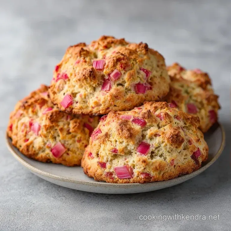 Three golden-brown pastries stacked on a marble slab with a dollop of clotted cream and fresh berries on the side.