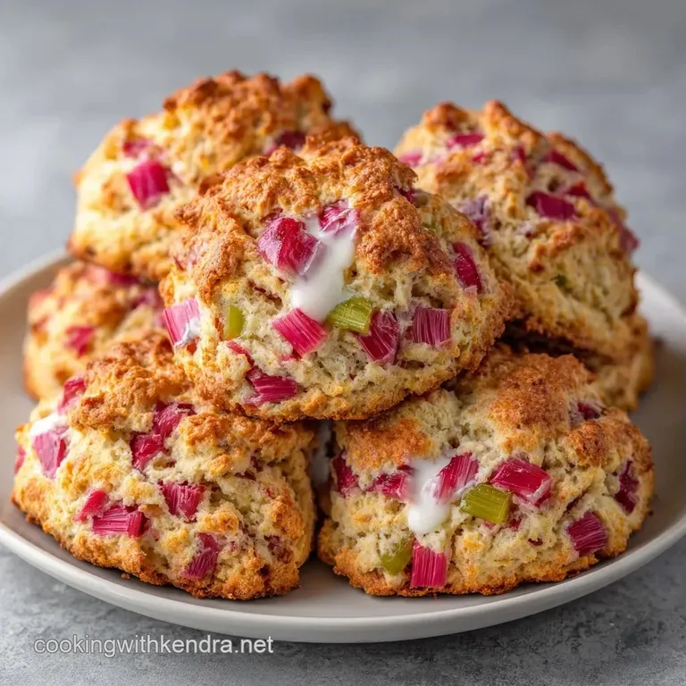 Three fluffy scones stacked on a ceramic plate with a dollop of clotted cream and a sprig of mint for garnish