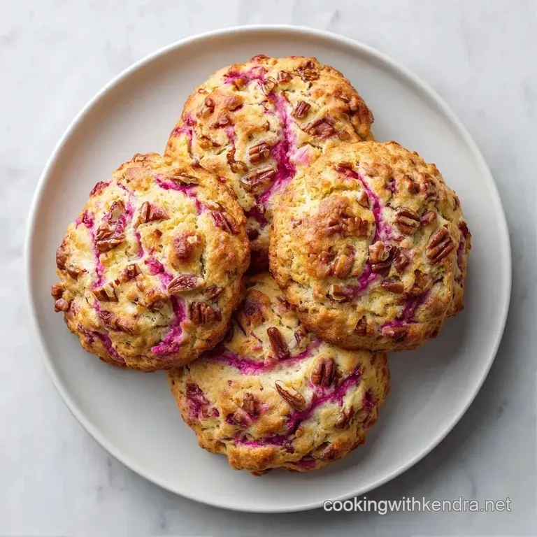 A flaky, buttery scone on a white ceramic plate with a melting pat of butter and a dusting of powdered sugar.