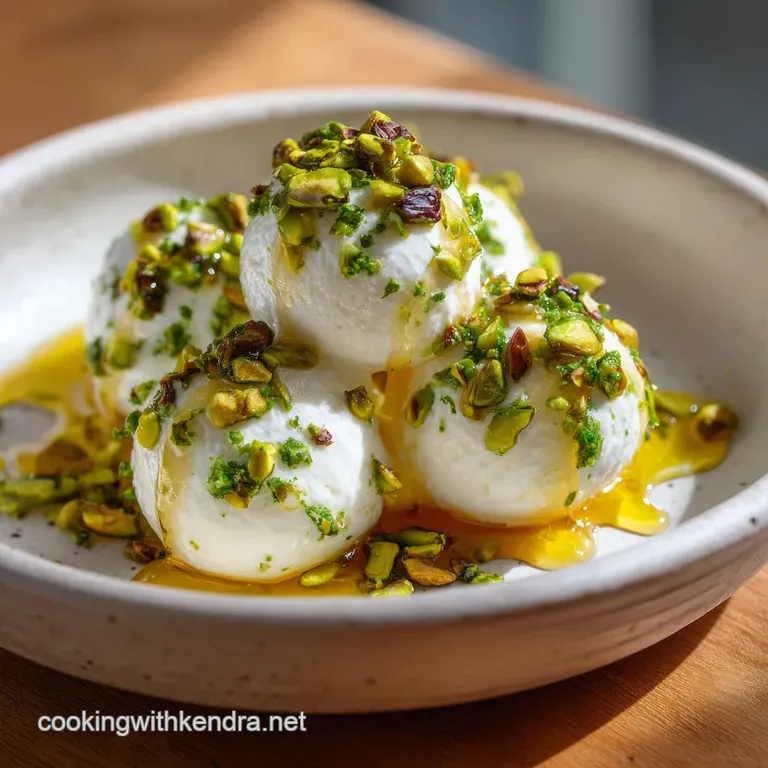 Elegant white platter featuring creamy white dollops topped with vibrant green pistachios and golden honey swirls.