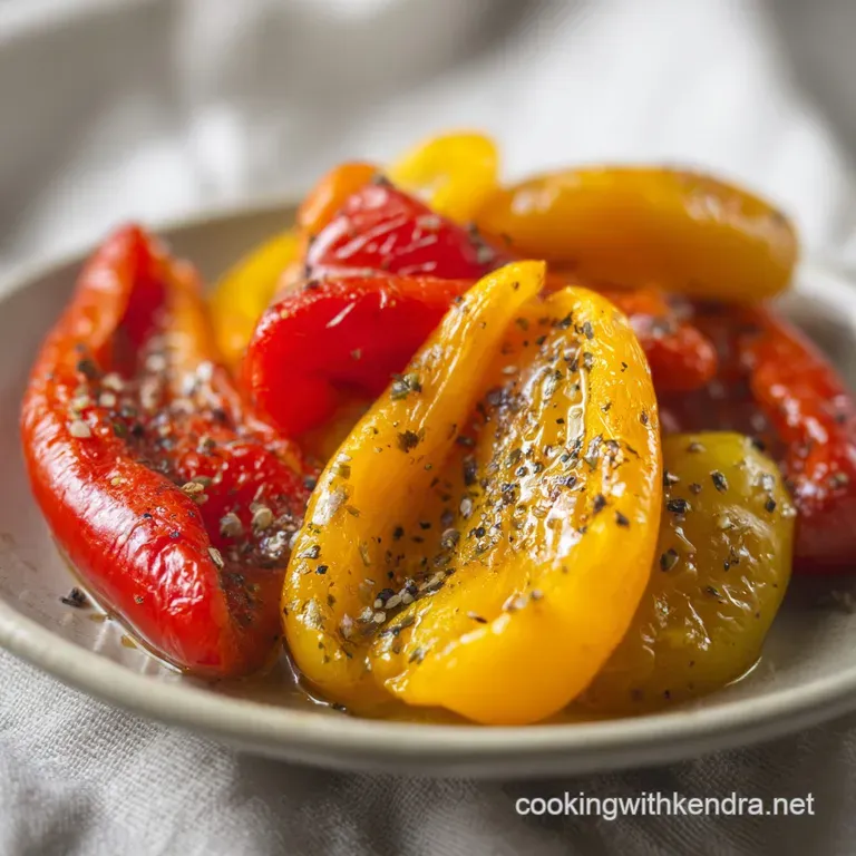 Charred red pepper strips elegantly swirled on a slate plate, garnished with fresh parsley and cracked black pepper.