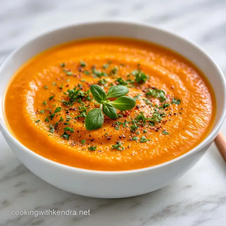 Vibrant orange puree in a white ceramic bowl topped with a swirl of cream and fresh sprigs of green thyme.