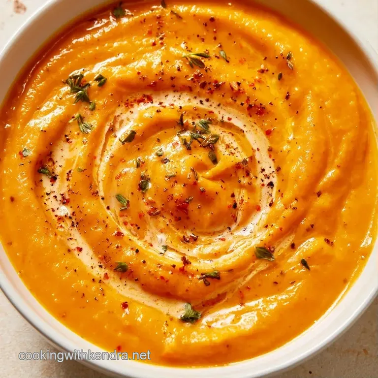 Smooth orange puree in a white bowl, topped with thinly sliced apples and a swirl of cream on a linen napkin.