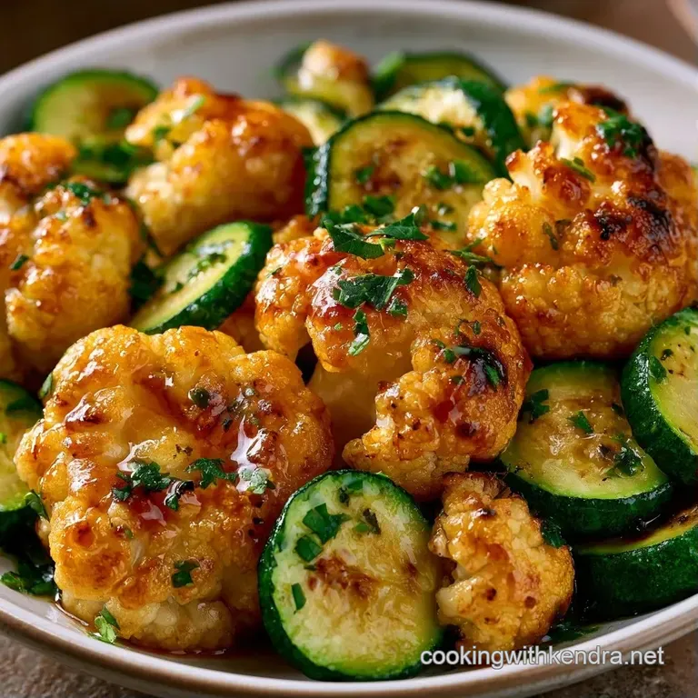 Charred cauliflower florets and sliced zucchini arranged on a white ceramic plate with a drizzle of olive oil.