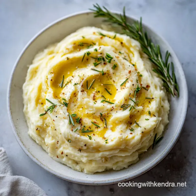 A perfectly scooped portion of buttery mashed potatoes, topped with chives and a drizzle of gravy.