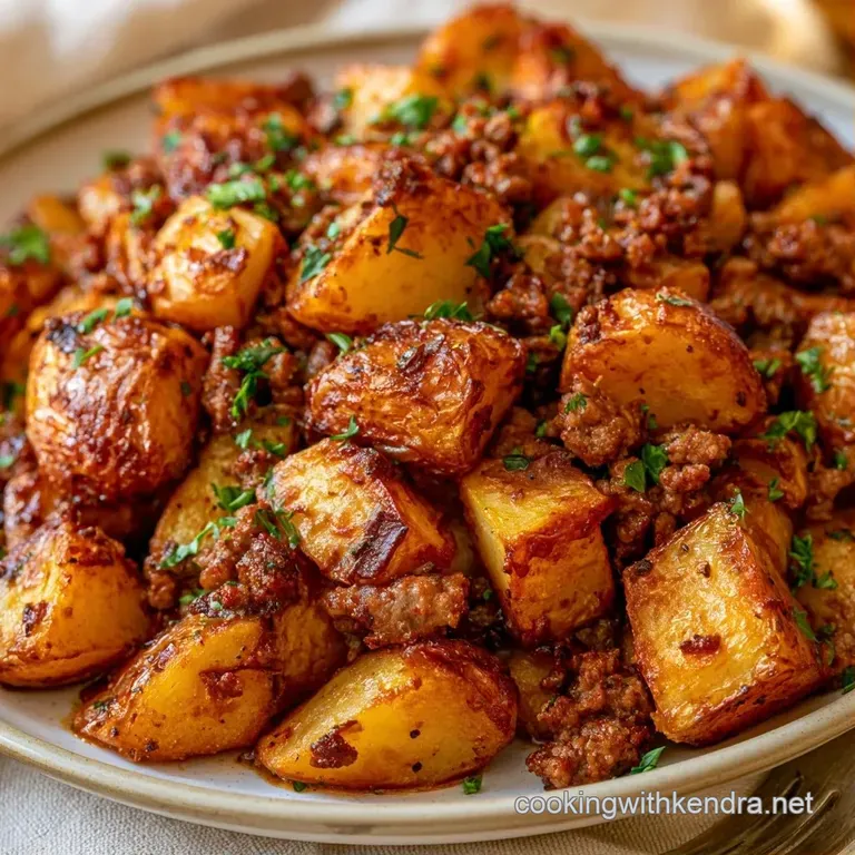 Neatly arranged slices of seared beef alongside crispy roasted potatoes and rosemary on a white ceramic plate