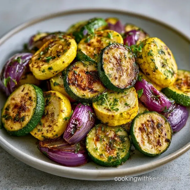 Vibrant yellow and green roasted vegetables arranged on a modern white plate with a drizzle of balsamic glaze.