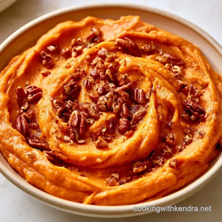 A neat scoop of vibrant orange mash topped with caramelized sugar on a white plate with a sprig of fresh rosemary.