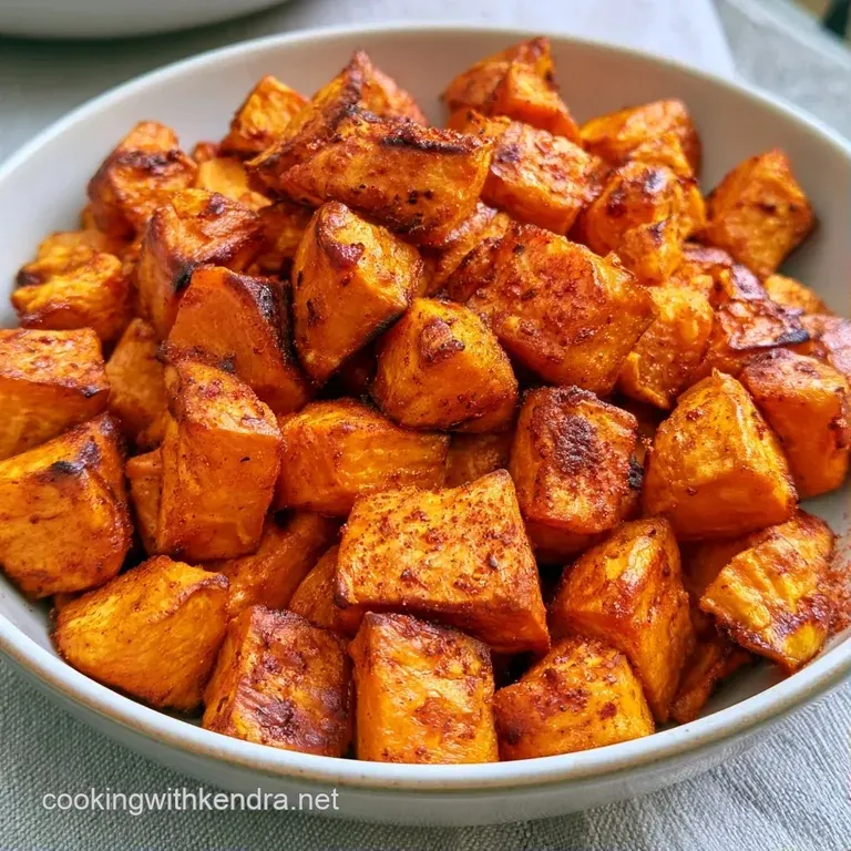 Symmetrically plated golden-brown crisps paired with caramelized orange sweet potatoes and a drizzle of cream sauce.