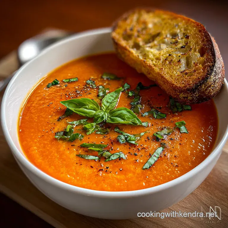 Close-up of tomato soup elegantly swirled with cream, garnished with basil, and a drizzle of olive oil in a shallow white ...