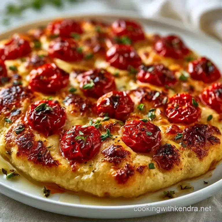 Sliced flatbread on a dark slate platter, featuring golden crusts and colorful roasted tomatoes and melted cheese.