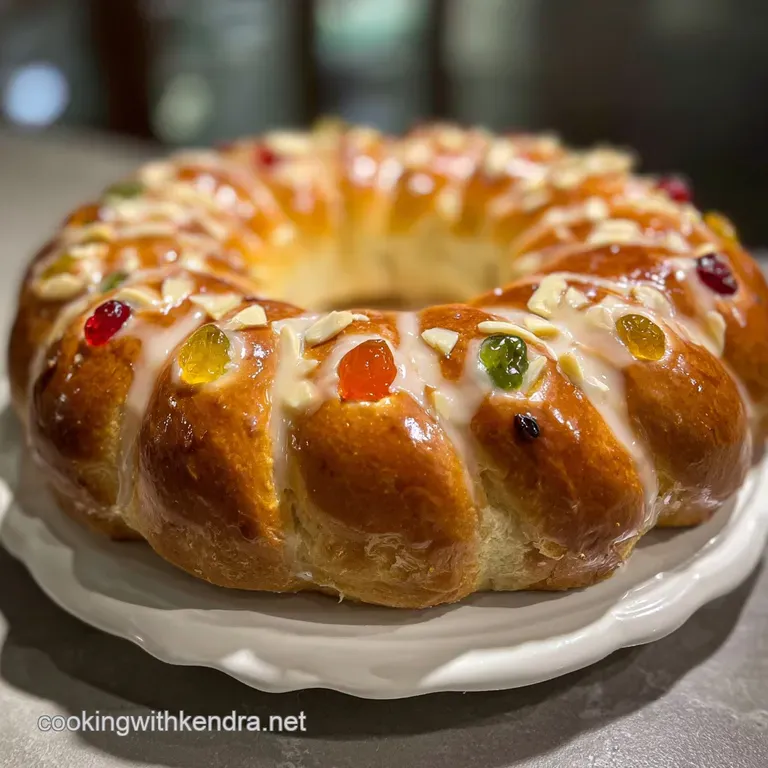 Slices of Rosca de Reyes, exposing the tender crumb; candied oranges gleam beside the festive, sugared bread.