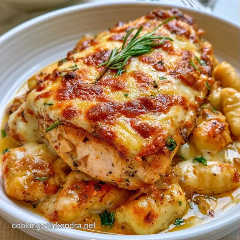 Elegant white bowl filled with creamy chicken and potato dumplings, garnished with fresh rosemary and cracked pepper.