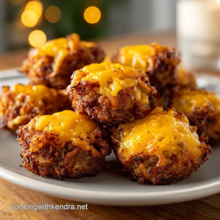 Crispy potato and savory sausage bites neatly arranged on a white platter, garnished with freshly chopped chives.