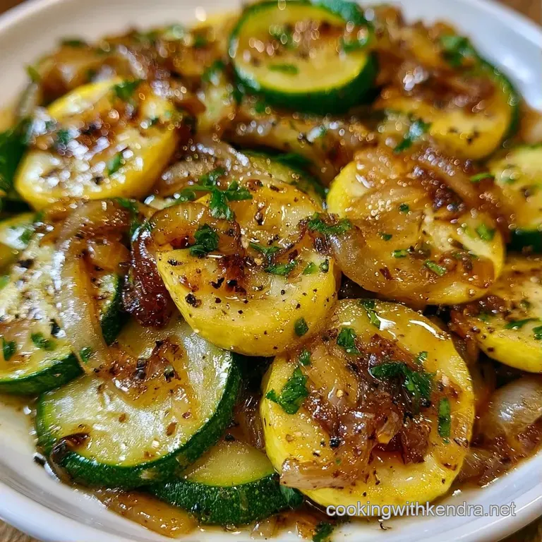 Sliced yellow squash and green zucchini arranged neatly on a white ceramic plate with a garnish of fresh parsley.