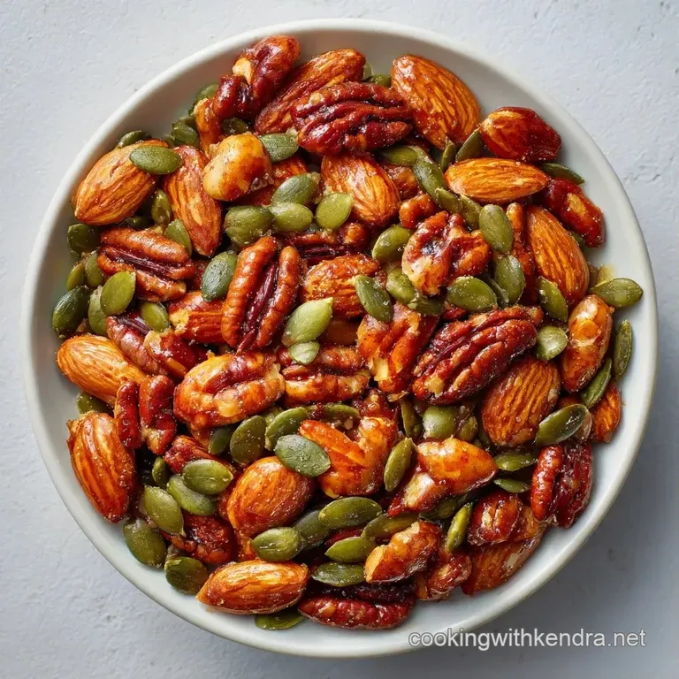 A white ceramic bowl overflowing with toasted nuts, sprinkled with coarse sea salt and fresh green herb garnishes.