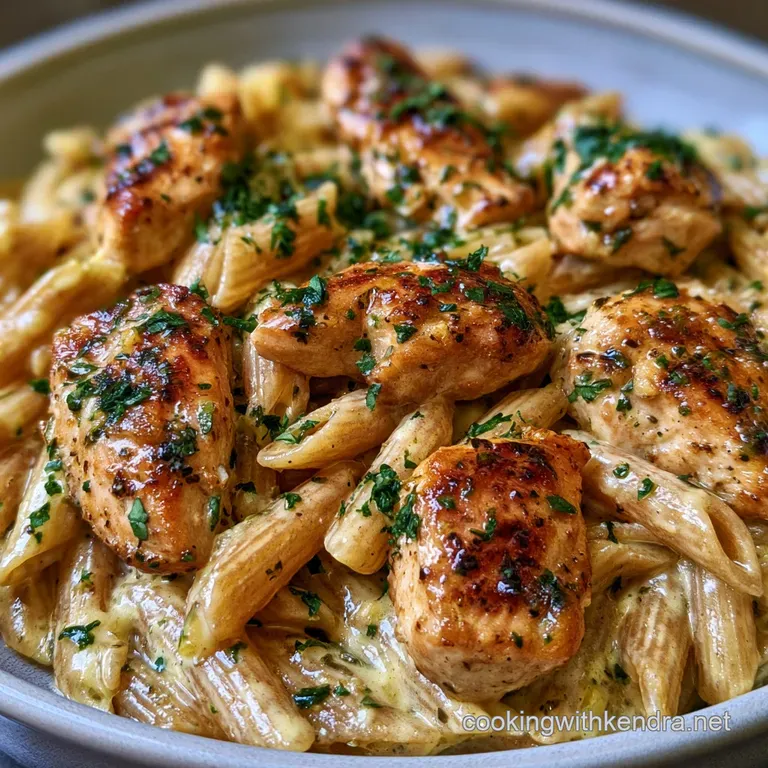 Elegantly swirled earthy-brown noodles topped with seared chicken breast and a sprinkle of bright green parsley.