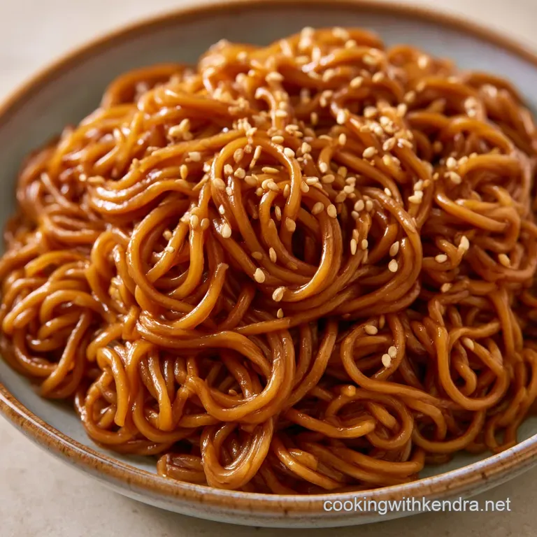 A ceramic bowl of glistening stir-fried noodles topped with fresh green onions and white sesame seeds on a table.