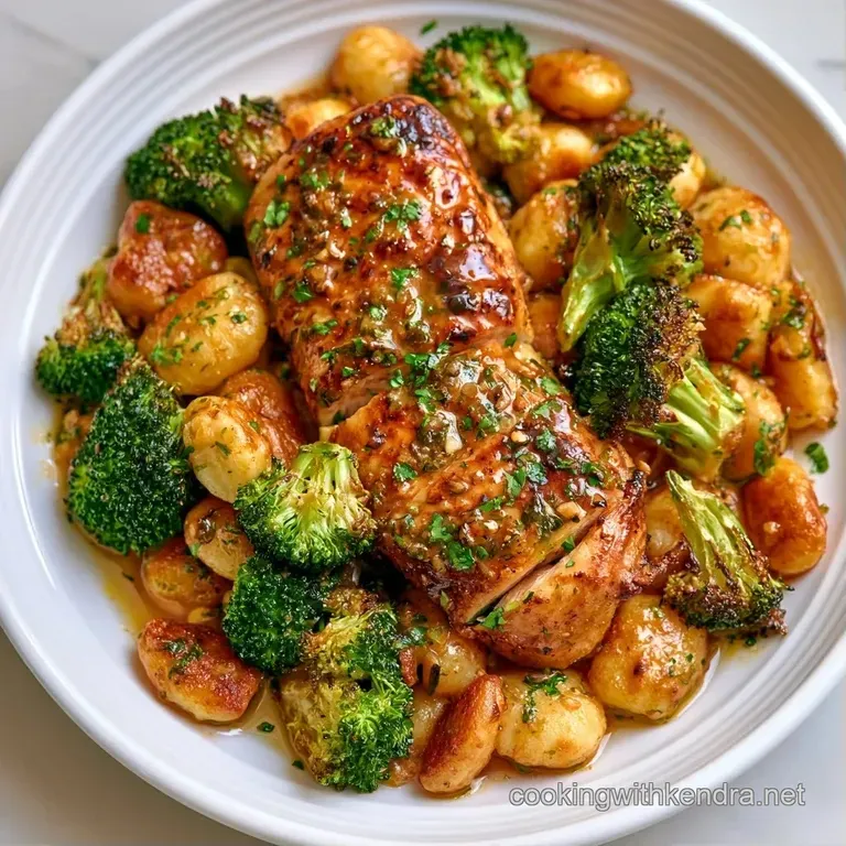 Toasted gnocchi and juicy chicken pieces paired with bright green broccoli florets on a clean white plate.