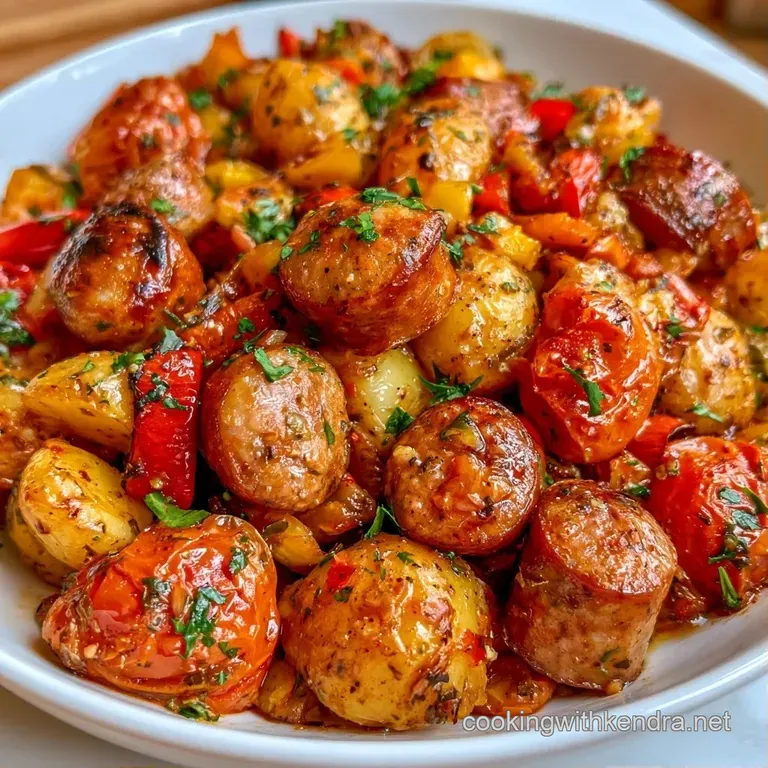 Sliced savory sausage and colorful bell peppers elegantly plated on a white dish with a garnish of fresh parsley.