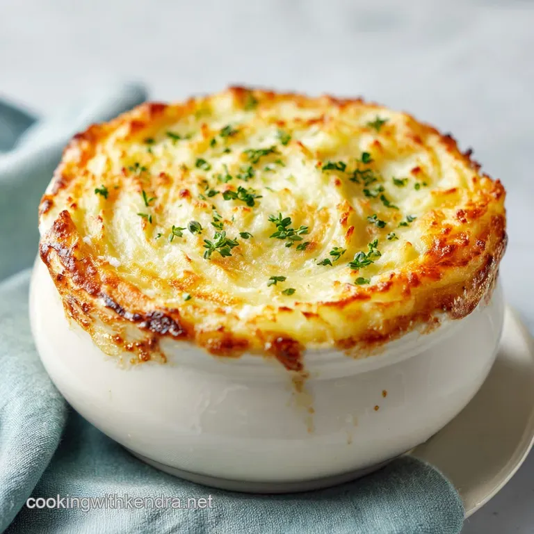 Steaming bowl of thick, savory soup with a golden crust of piped mashed potatoes and a sprinkle of parsley.