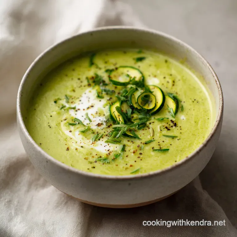 Creamy green zucchini soup served in a rustic bowl with a swirl of cream, fresh herbs, and a drizzle of golden olive oil.