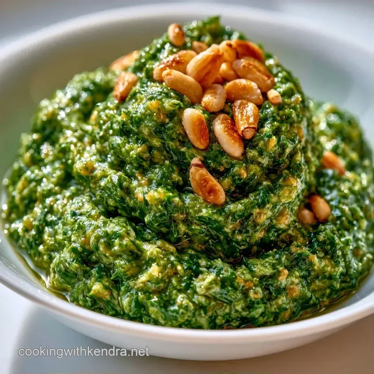 Spoonful of bright green herb sauce swirled over al dente pasta, garnished with a fresh basil leaf and parmesan.