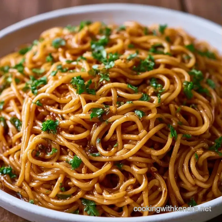 Twirled nest of glistening noodles topped with sliced green onions and sesame seeds on a slate grey platter.