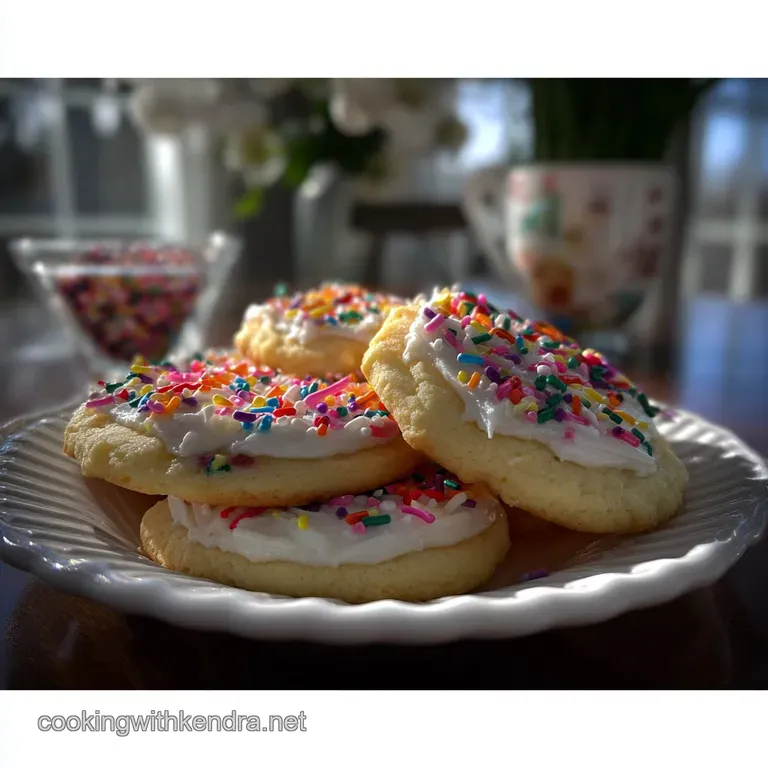Elegant sugar cookies on a white plate, showcasing intricate icing details, vibrant colors, and a light dusting of sparkli...