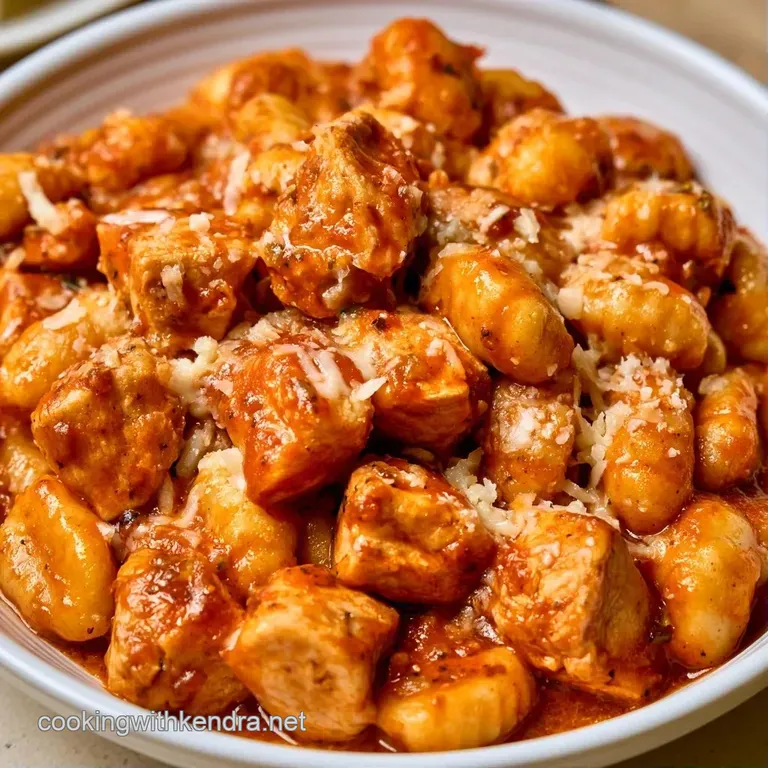 Crispy breaded chicken and soft gnocchi in a pool of red sauce, topped with melted cheese and fresh basil.